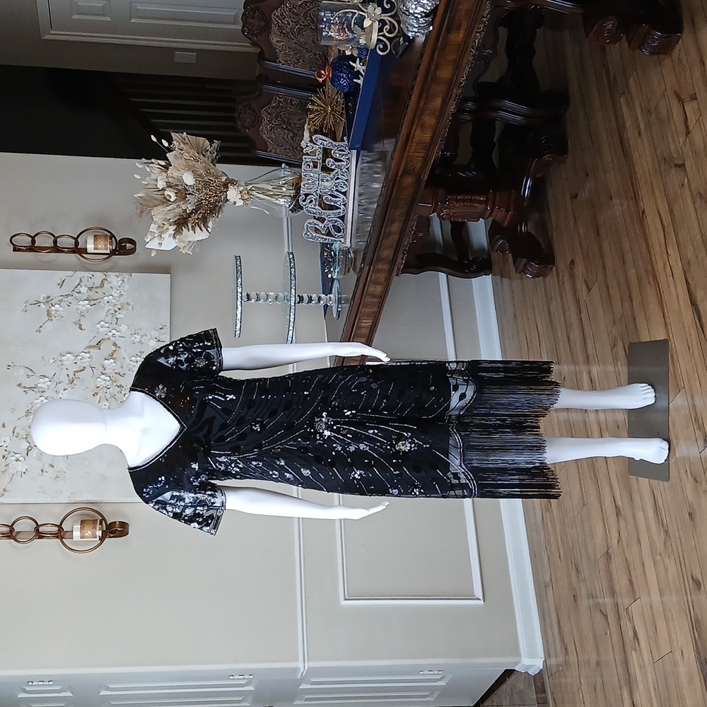 New Black Beaded Gatsby Flapper Cocktail V-neck Dress By Yessa. Size L - Picture 12 of 17